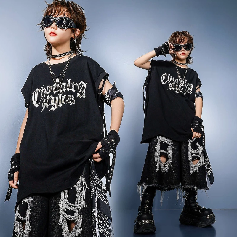 

Boys Jazz Dance Costumes Hip-hop Street Dance Clothes Black Sleeveless Top Ripped Shorts Ballroom Dancing Clothes Stage Outfits