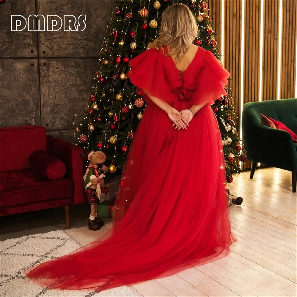 100+ Colors Flare Sleeves Tulle Women Formal Evening Dress V Neck Flowy Party Gown Lace-up Back Prom Dresses For Photo Shoot