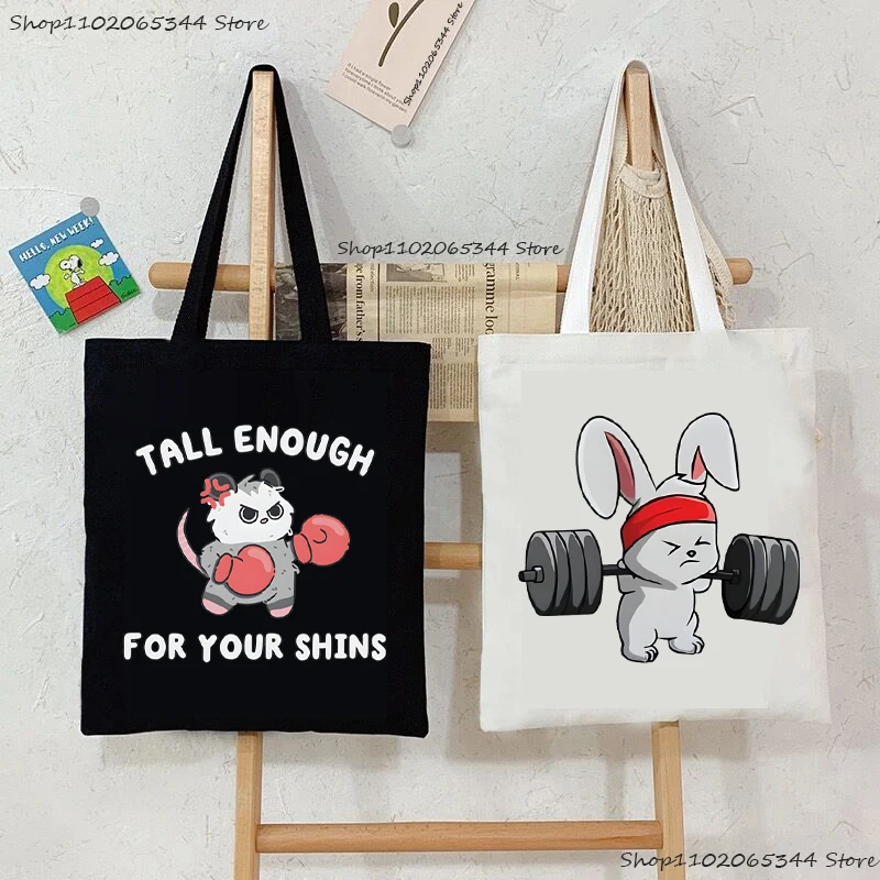 Cute Rabbit Lifting Weights Tote Bag Fun Boxing Opossum Gym Meme Canvas Shoulder Bag Fitness Lover Gift Women's Handbags