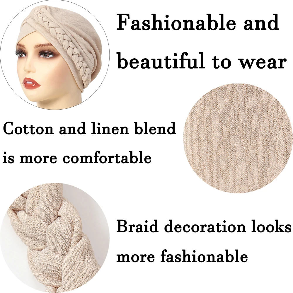 RIMAIRE Average Size Cotton Muslim Hat Hijab with Braid Decoration Islamic Hijabs for Woman Turbans for Women Instant Hijab Cap