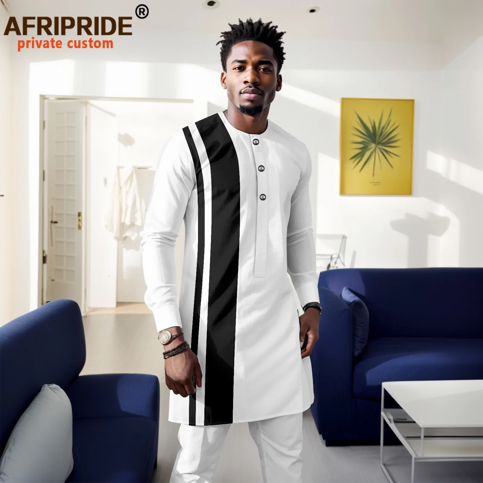 African Clothing for Men Single Breasted Long Shirts and Pants 2 Piece Set Plus Size Casual Outfits Formal Outwear A2316103