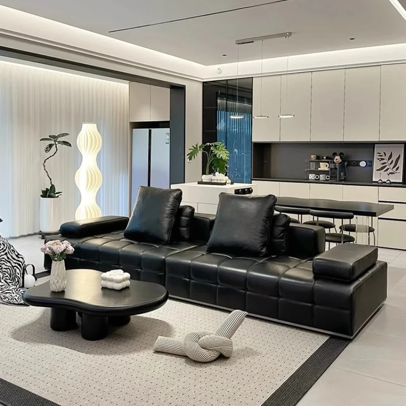 

Straight row leather sofa villa large flat floor Italian minimalist living room leather
