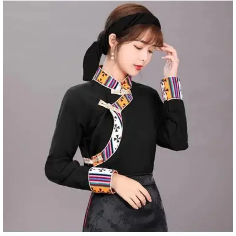 Chinese Tibetan T shirt women Spring thin tops ethnic style dance vintage shirt