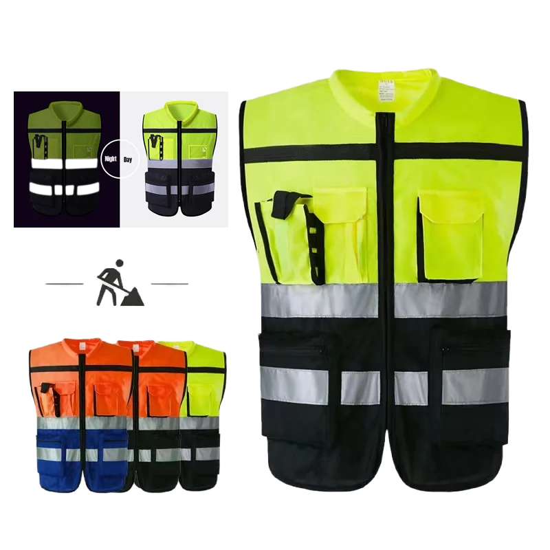 Unisex High-Visibility Safety Vest With Pockets&Zipper Ideal for Night Runs Cycling&Construction Work Fluorescent Night Uniform