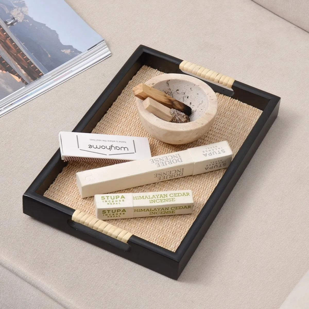 Solid wood and straw woven tray, aromatherapy tray, high-end decorative ornaments, household storage tray