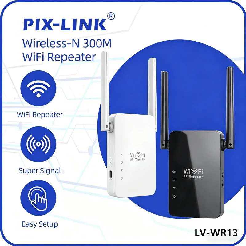 

PIX-LINK WR13 300Mbps WiFi Repeater Signal Booster Wireless Router AP 2.4GHz 2 External Antennas WPS Easy Setup Wall Penetration