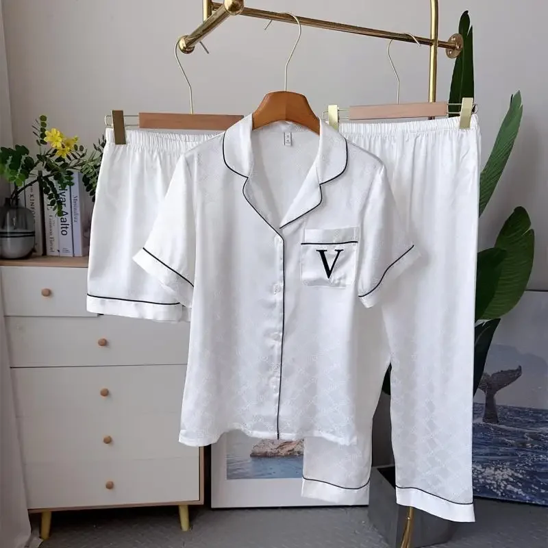

Bride White Satin Pajamas Suit 3Pcs Loungewear Women Short Sleeve Shirt Shorts Pants Print Home Clothes Lady Trousers Suit
