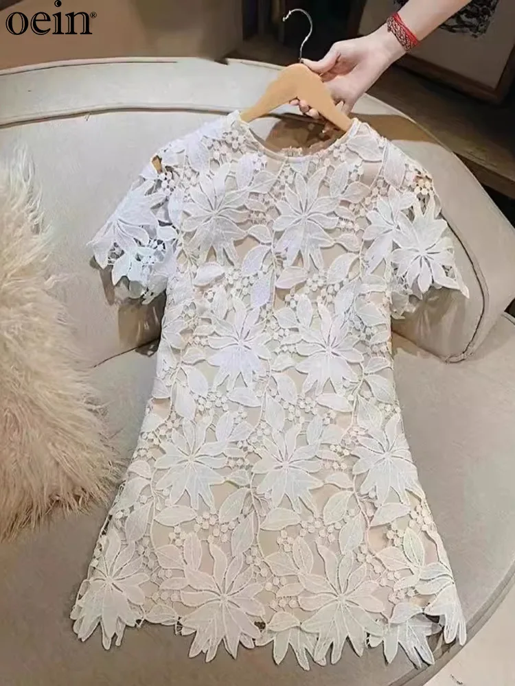 [oein] Small Fragrance, Hook Flower Embroidery Dress, Women's Summer High-end Feeling, French Light Luxury, Hollowed Out