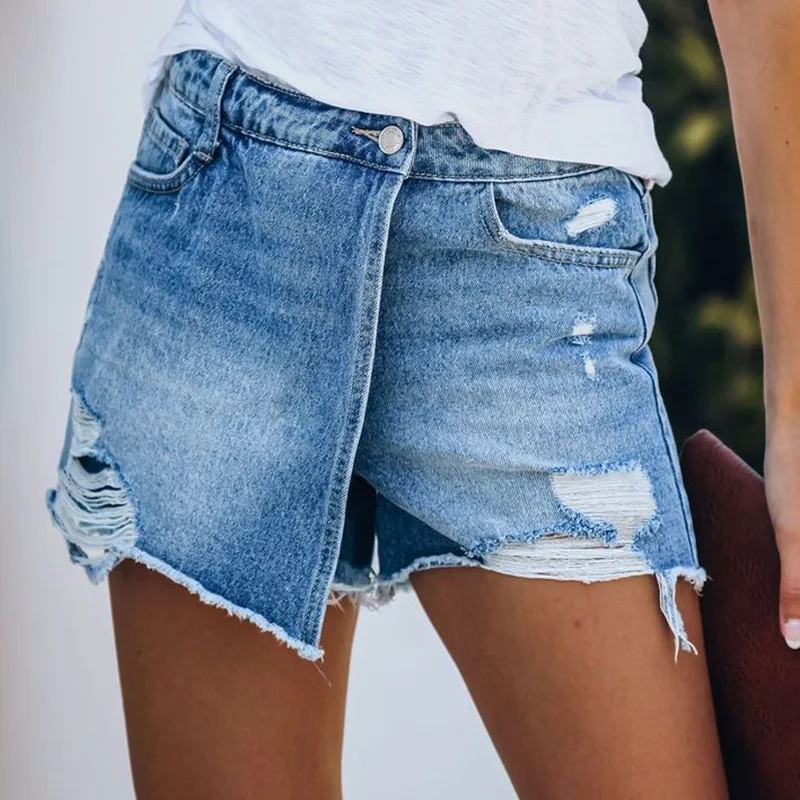 

FIGOHR Summer Women's Casual Light Blue Denim Short Skirt Female Hot Girl Ripped Denim Skirt-Pants