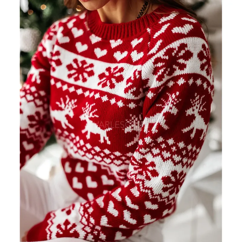 Winter Autumn Pullover Clothes Christmas Deer KnittedSweater Women Long Sleeve Round Neck Ladies Jumper Fashion Casual