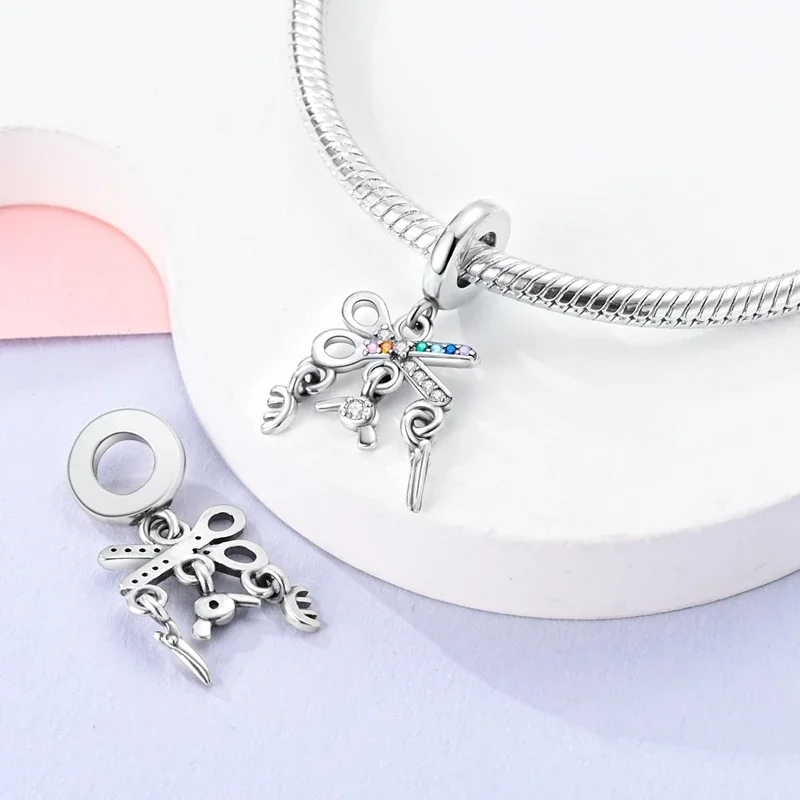 Charms Plata 925 Creative Scissors Stand Hair Comb Pendants Fit Original 925 Bracelets Charms For Women Jewelry DIY Making Gifts