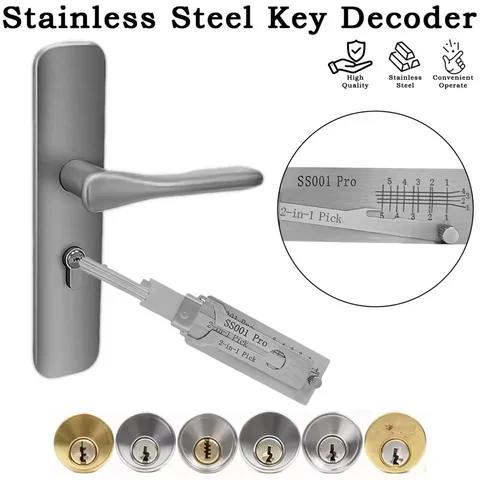Professional SS001Pro SS002Pro 2-in-1 Stainless Steel Key Decoder Portable Locksmith Tool with Precision Hook Pickup Repair Kit