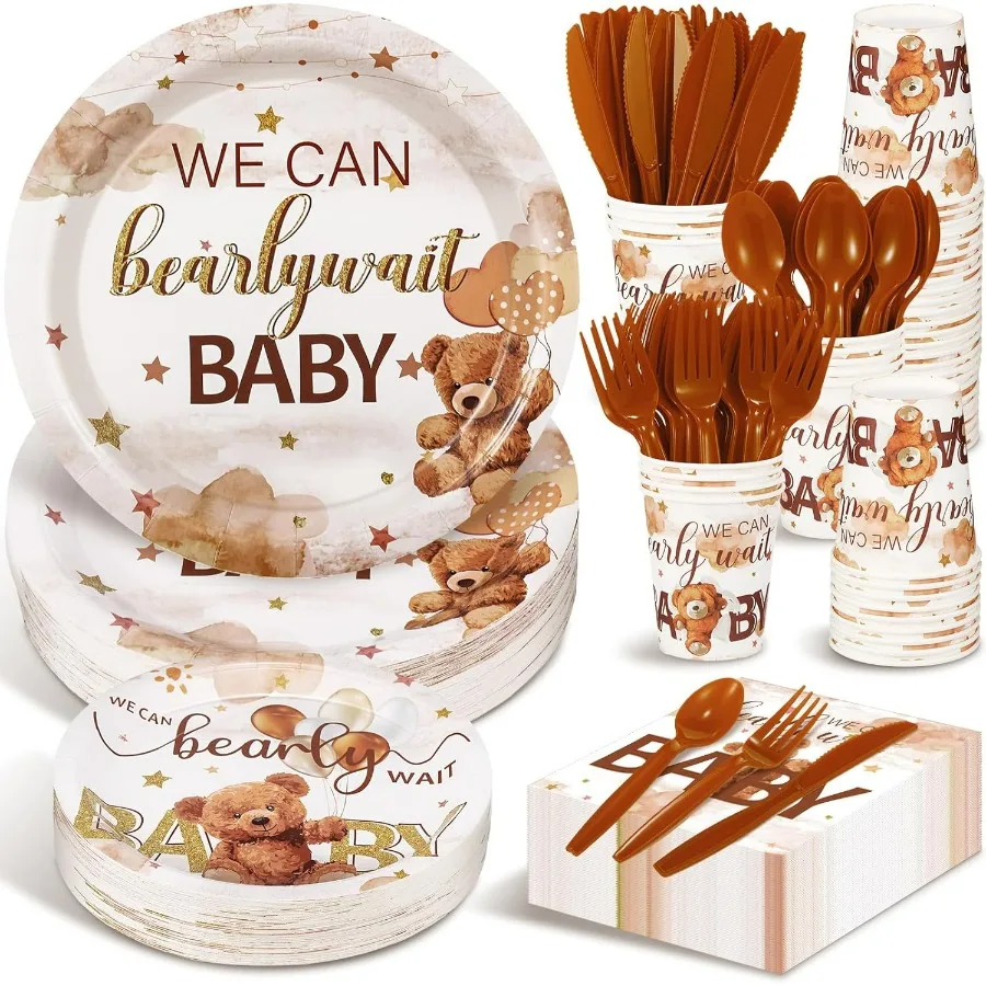 

350 Pcs Disposable Baby Shower Party Supplies Set for 50 Guests Including Plates Napkins Cups Forks Knives Spoons Bear Brown Th