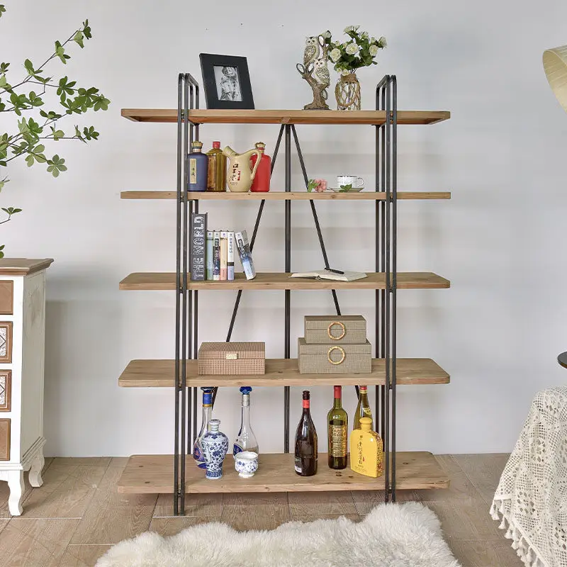 Retro wrought iron solid wood floor bookshelf shelf simple living room creative ornament multi-layer baffle foldable shelf