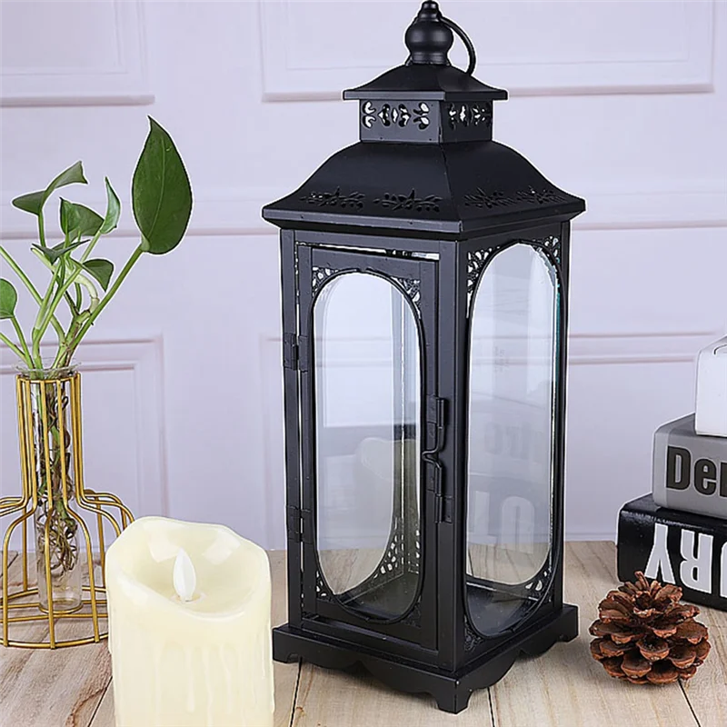 

Lantern Candle Crafts Hollow Metal Iron Glass Candle Container Holder Wind Light Ornaments Wedding Art Decor