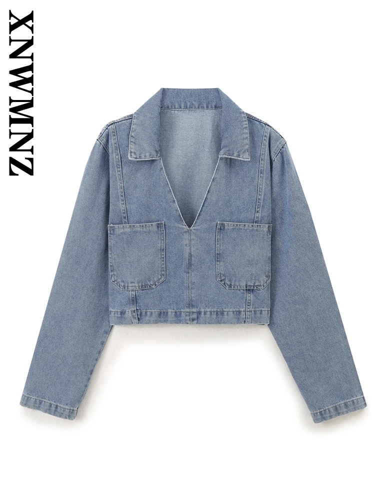 XNWMNZ 2024 Autumn Woman's Fashion Turn-down Collar Denim Blouses Pantsuit Chic Female Long Sleeve Jumper Leisure suit Two-piece