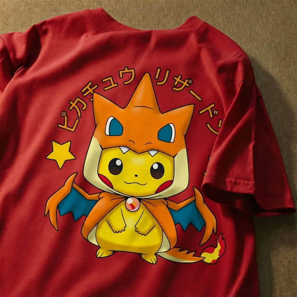 Cute Pokemon Pikachu in Charizard Costume Graphic Tee 100% Cotton Men Women Summer Loose Casual Anime Short Sleeve  T Shirts view 3