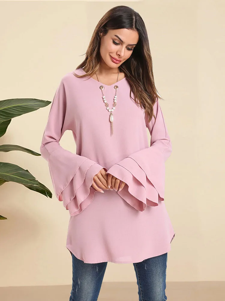 

Elegant V-Neck Layered Horn Sleeves Women's Chiffon Shirt Solid Color Casual Ladies Muslim Clothing Islam National Style Tops