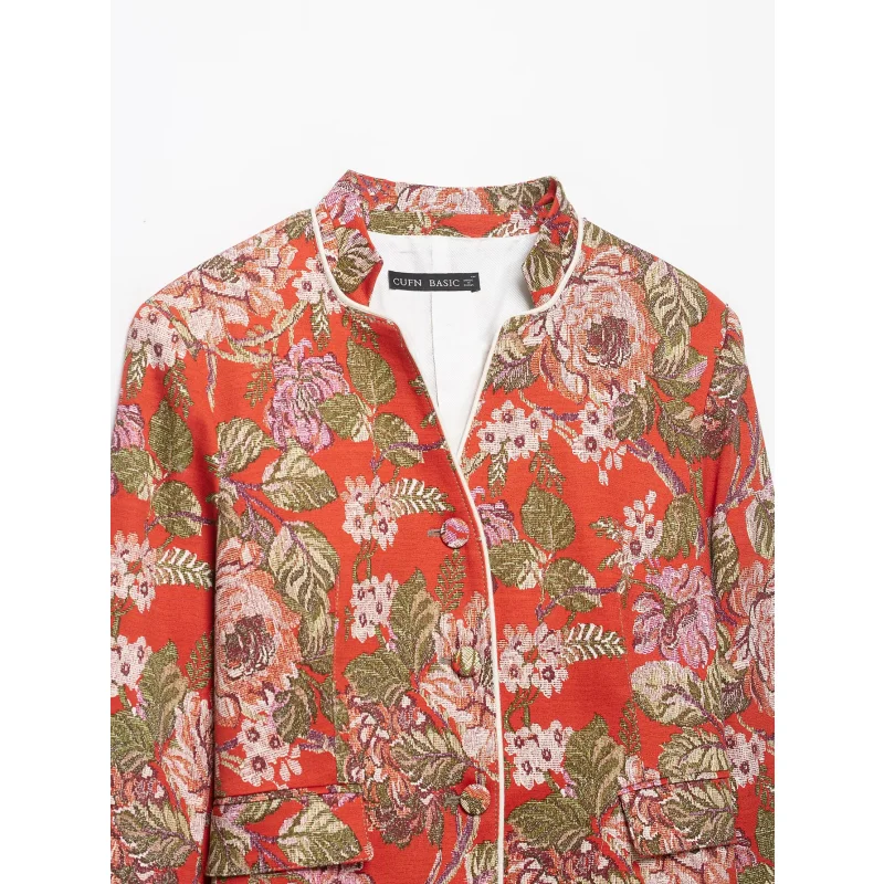 2026 Frühling Herbst Neue Damen Blumen-Jacquard-Print Stehkragen Kurzer Blazer Langarm mit Taschen Vintage Blumen-Anzugjacke – Detail 5