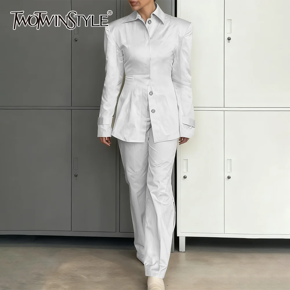 

TWOTWINSTYLE офисный минималистичный комплект из двух предметов для женщин, топ с длинными рукавами и лацканами, высокая талия, прямые брюки, элегантный женский костюм