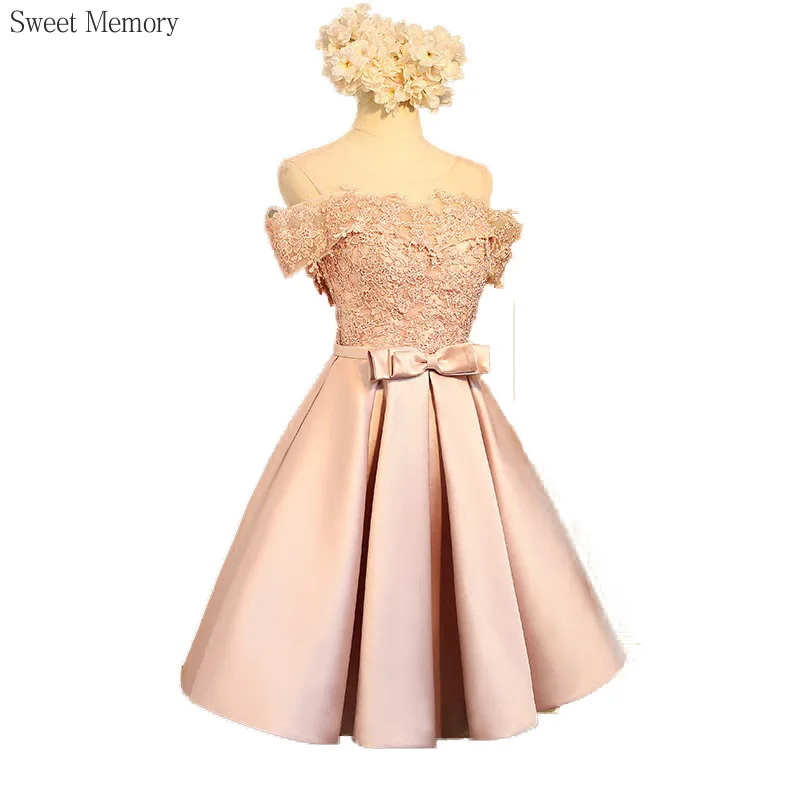 

N1135 Red Sliver Gray Gold Champagne Short Prom Dresses Sweet Memory Illusion O-Neck Lace Satin Bridesmaid Wedding Party Dress