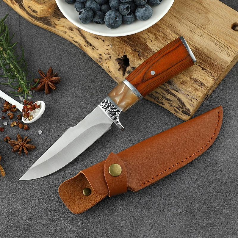 New outdoor knife with resin rosewood handle easy to carry straight blade EDC multipurpose fruit knife highend knife with shea image 4