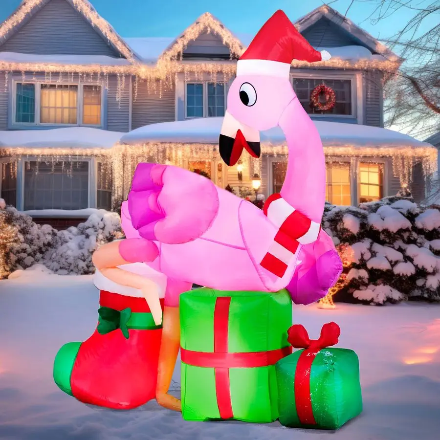 

6 FT Christmas Flamingo with Gift Box Inflatable Decorations with Buildin LEDs Blow Up Elegant Flamingo Inflatables for Xmas Par