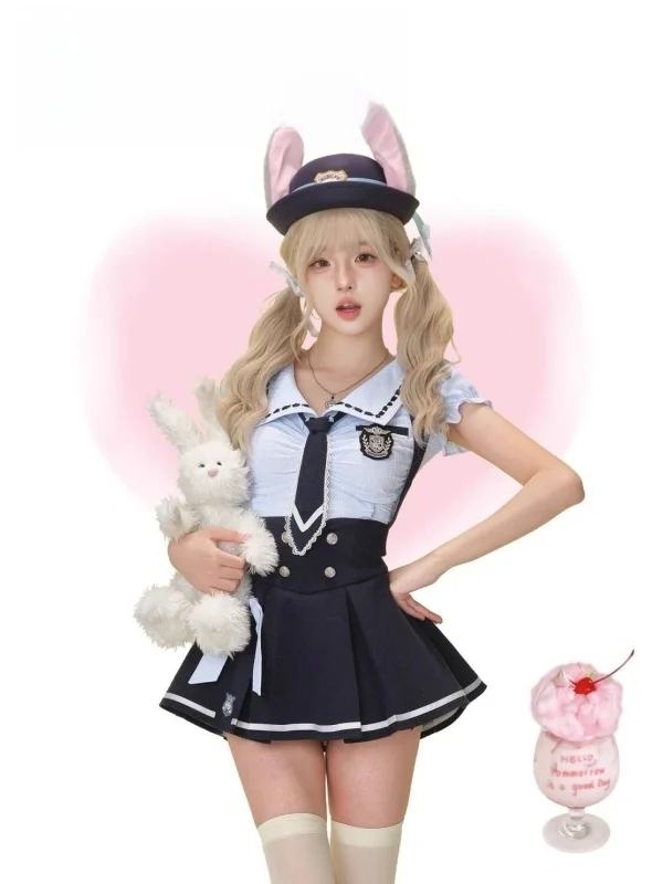 

Cute School Uniform Style Girl Sensation Set Blue Slim Fit Shirt Top Slimming Strap Puffy Skirt Two Piece Set Summer