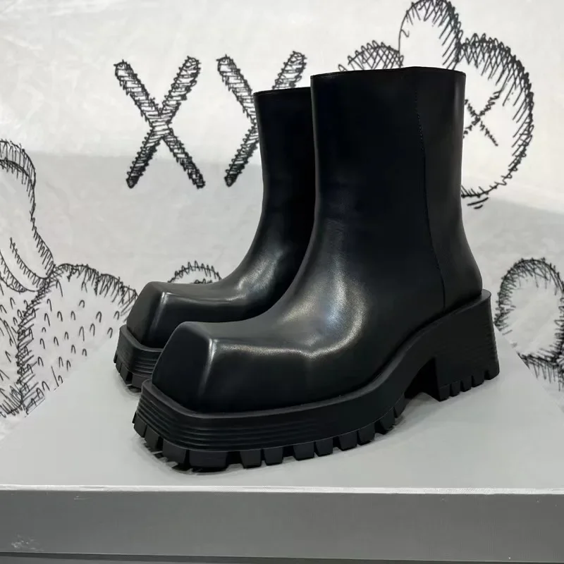 Grube dno kwadratowe Toe Chelsea Boots dla mężczyzn i kobiet skórzane botki zwiększona moda wodoodporne antypoślizgowe buty dla par