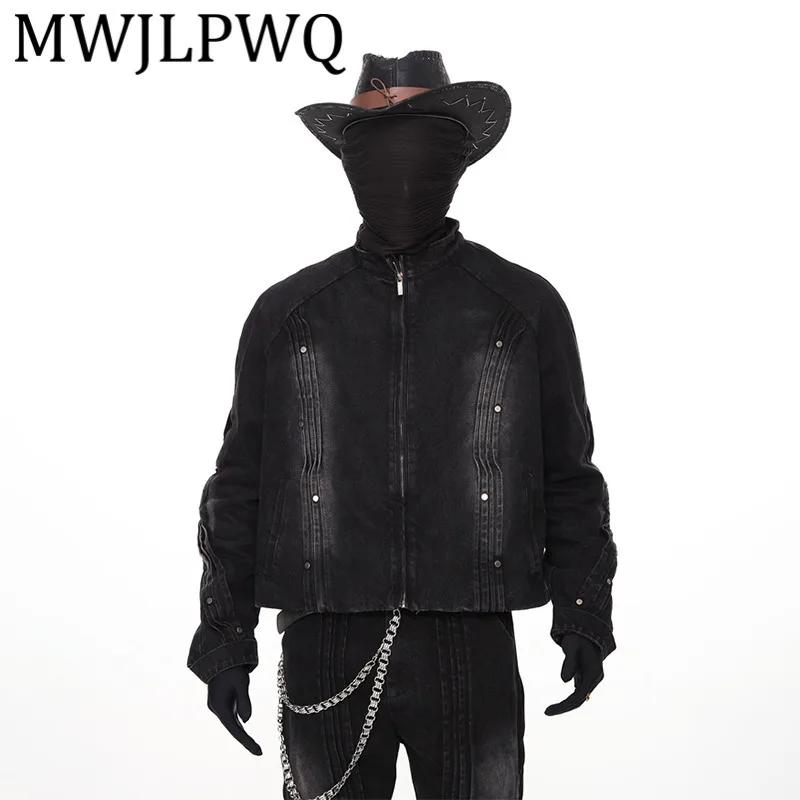 

MWJLPWQ Dark Washed Vintage Padded Shoulder Denim Coats Men's High Street Autumn Split Deconstructed Stand Collar Jacket 11813