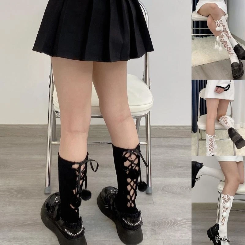 المرأة لوليتا مضلع القطن العجل الجوارب الكرة القطيفة للصليب Bowknot جوفاء Stocki 15UB #2