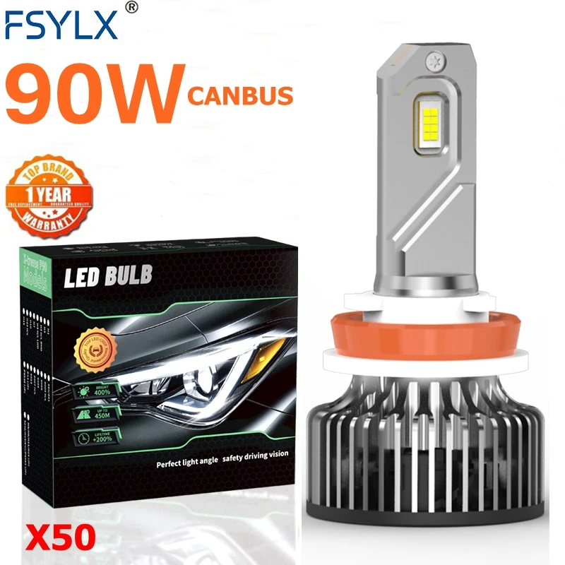 

FSYLX 90W LED Car Headlight Kit H4 H7 H13 H11 X50 Fog Light Bulbs 6000K High Brightness Vehicle Lighting Upgrade