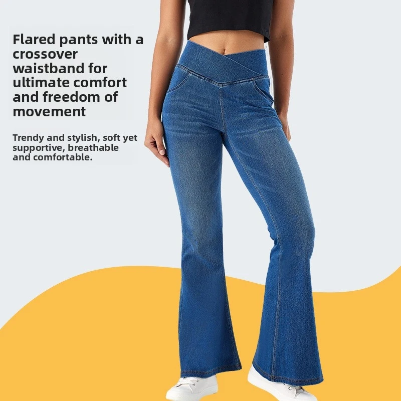 Women's V Cross High Waist Flare Yoga Pants Denim Look Tummy Control Bootcut Leggings Gym Slimming Joggers with Whisker Wash