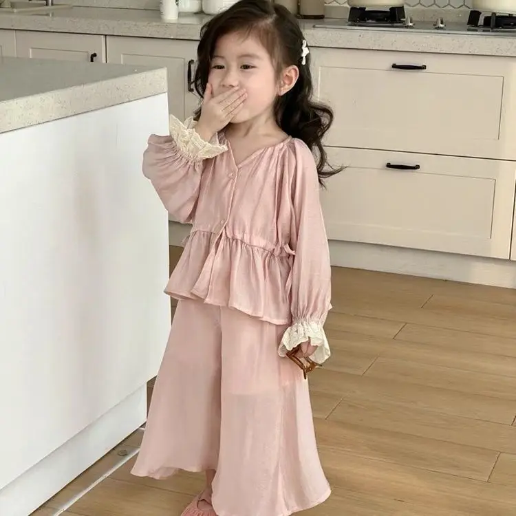 2024 Spring and Autumn Set Children Korean Edition Baby Girl Two-piece Set Casual Simple Solid Loose Elegant Fashion