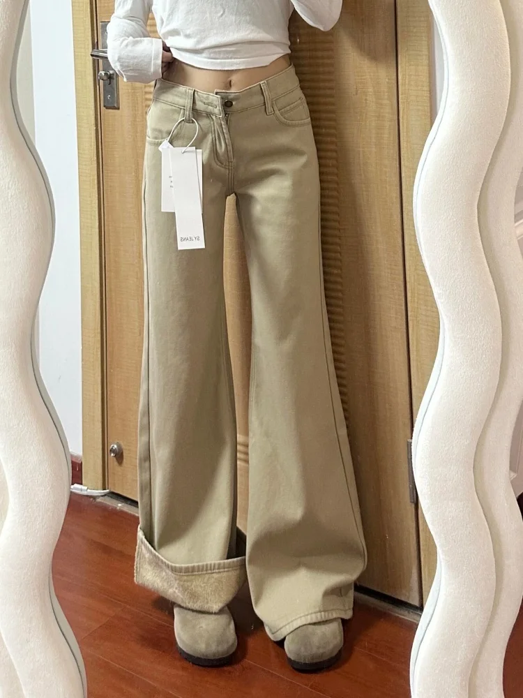 

Khaki Fleece Lined Thickened Micro Flared Denim Jeans Women's Loose Fit Slimming Floor Length Pants Spring New Style American...