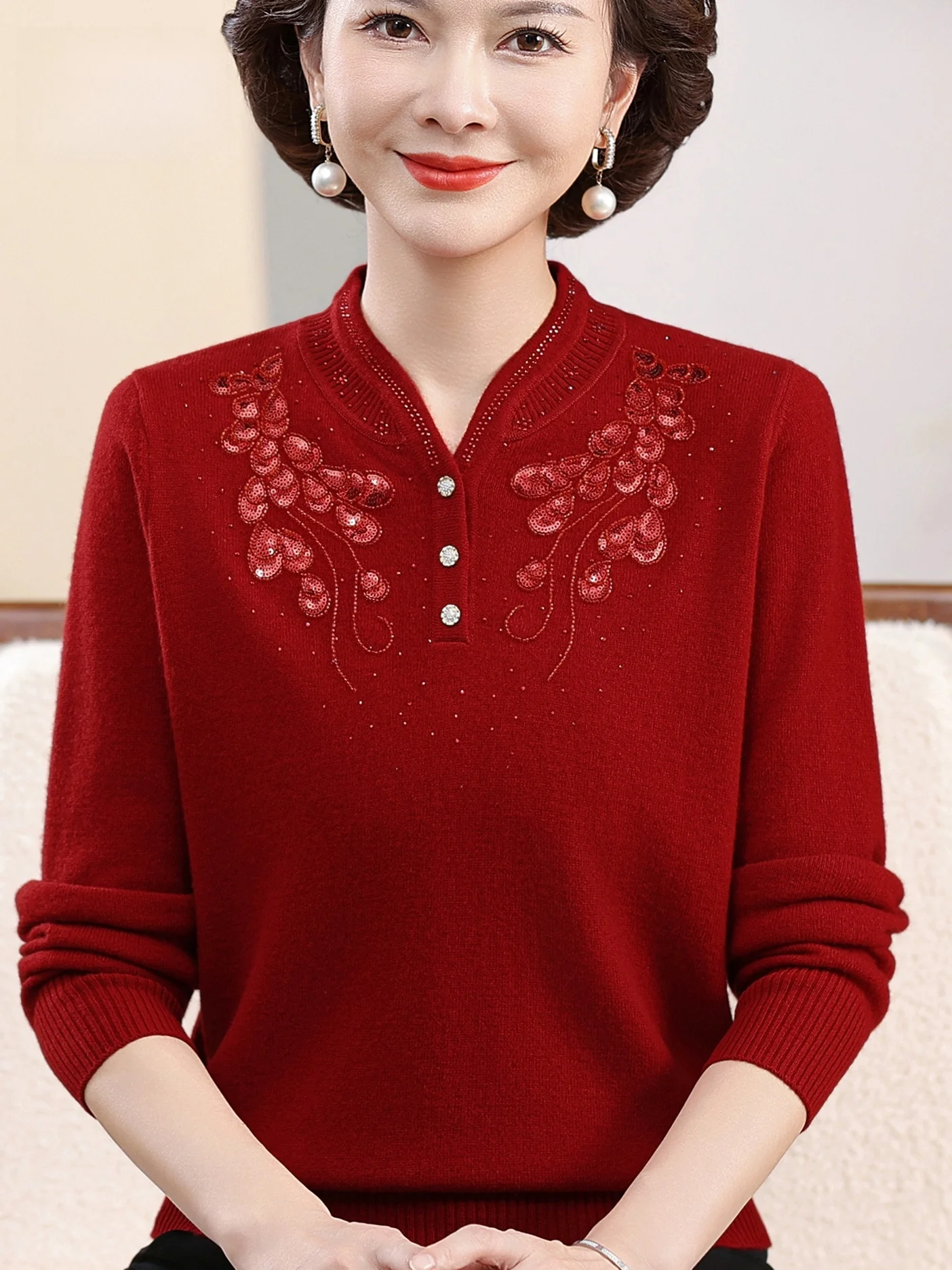 

Осень-зима, новый китайский вязаный шерстяной свитер с вышивкой, одежда для мам, одежда из чистой шерсти, воротник-стойка, базовый слой, топ