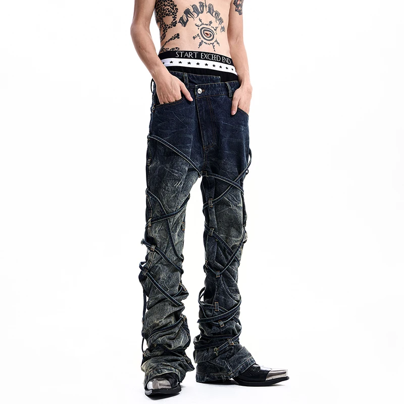 LUZHEN 2026 New Original Personalized Ribbon Cross Decorate Slim Jeans Men's Fashion Handsome Streetwear Male Denim Pants JY9074