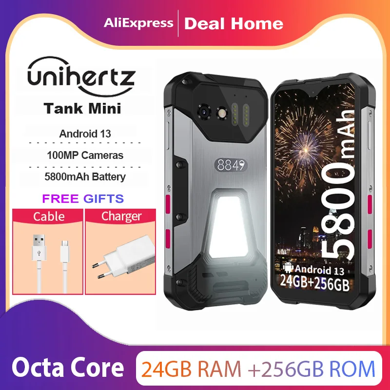 Unihertz 8849 Tank Mini Rugged 16GB/24GB+256GB 4.3 Inch Android 13 5800mAh Helio G99 Octa Core 100MP Cameras Global Version