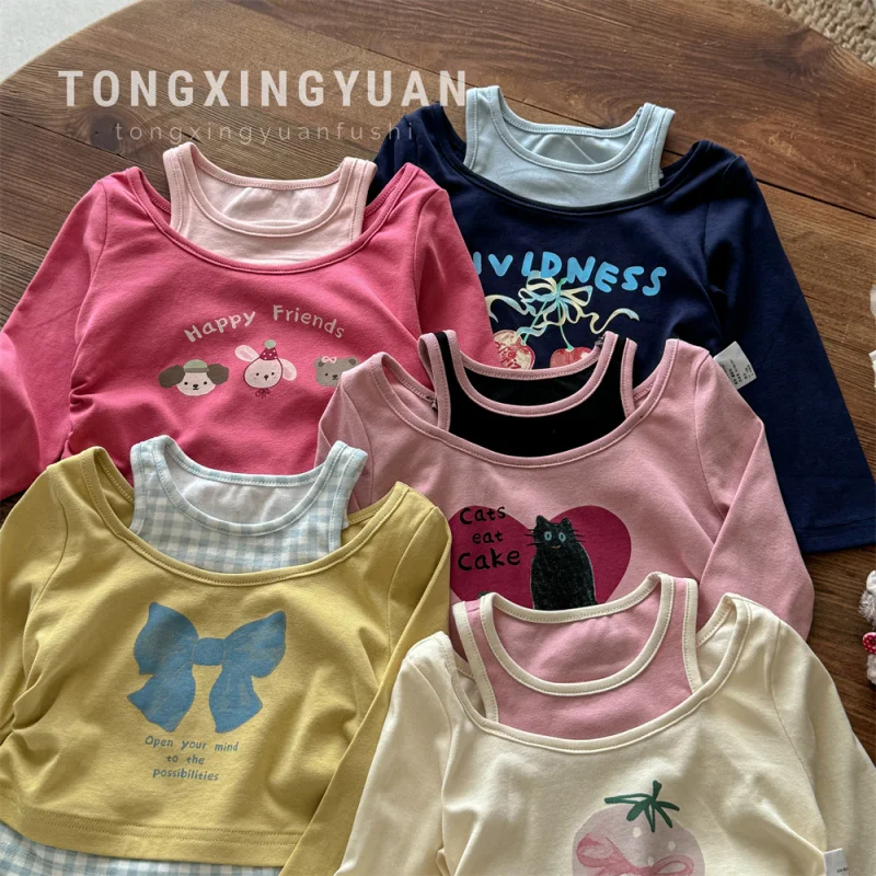 

Korean Girls' Spring and Autumn New Fake Two-PieceTT-shirt New Cartoon Print Cute Top Autumn Trendt