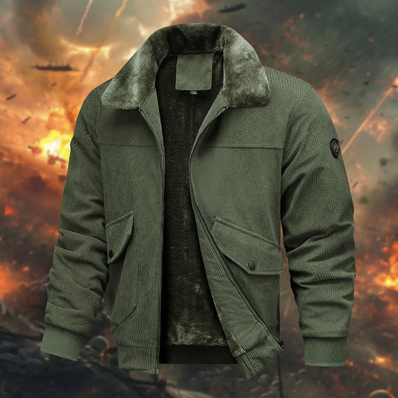 

Мужская вельветовая куртка в стиле милитари — на флисовой подкладке, меховом воротнике и карманами на молнии, стильная для активного отдыха и городской моды