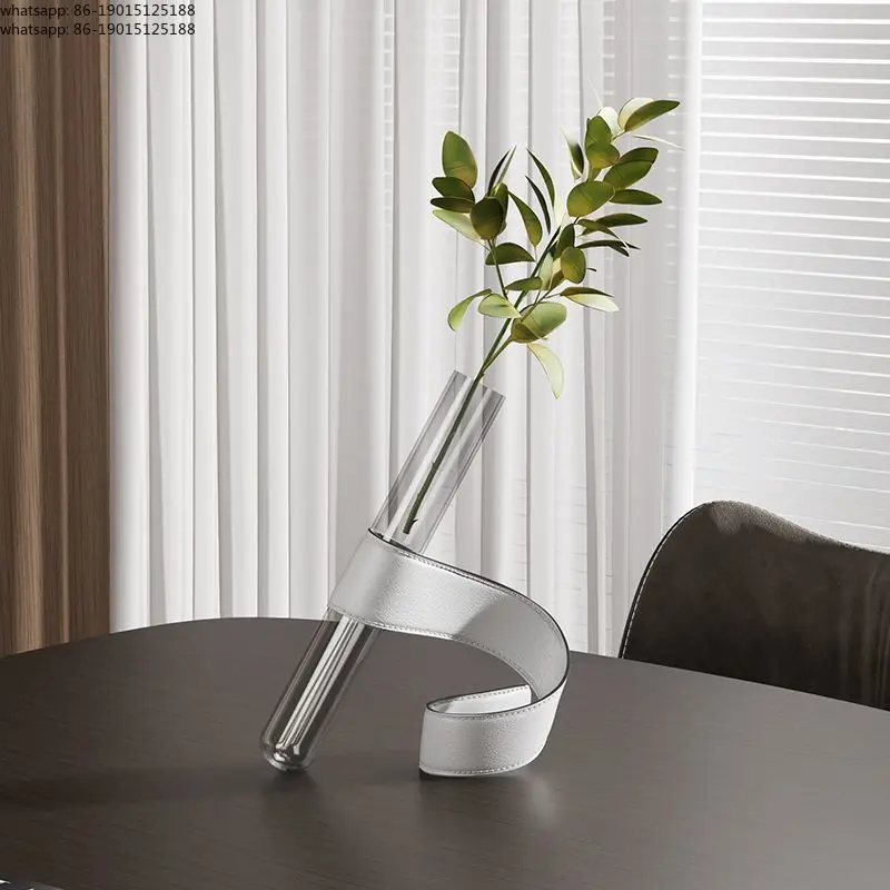 Living Room Desktop Nordic Modern Artistic Vases Simple Glass Tubular Vases Leather Bracket Handmade Luxury Personal Home Decor
