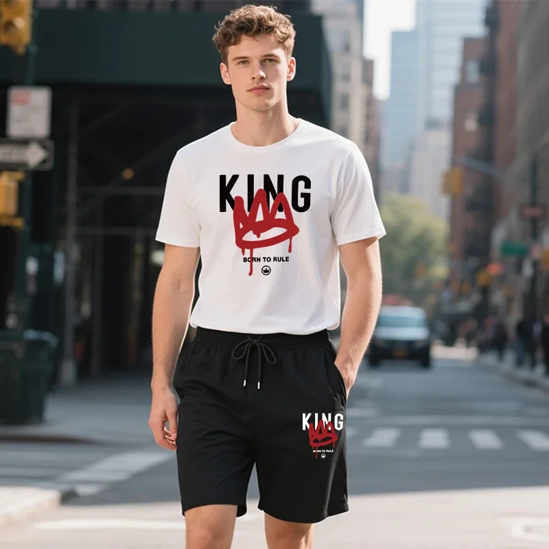 

Born to Rule King Printed T-shirt Shorts 2pcs Set Summer Male Daily Casual Sporty Short Sleeve Outfits City Walk Men's Clothes