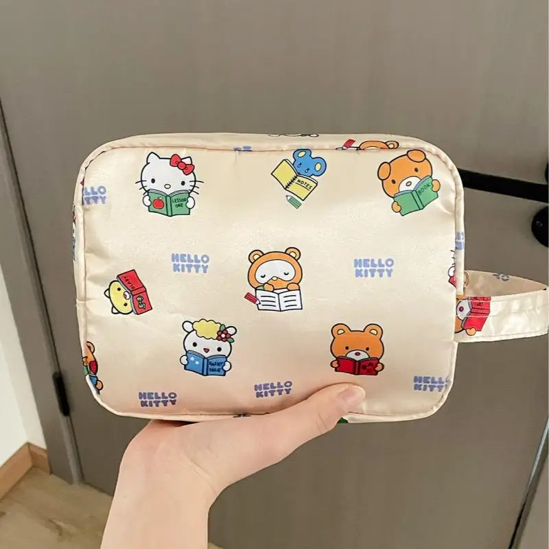 

Sanrio Hello Kitty Satin Makeup Bag Cute Cartoon Printed Beige Three Piece Storage Bag Dormitory Portable Toiletries Bag Gift