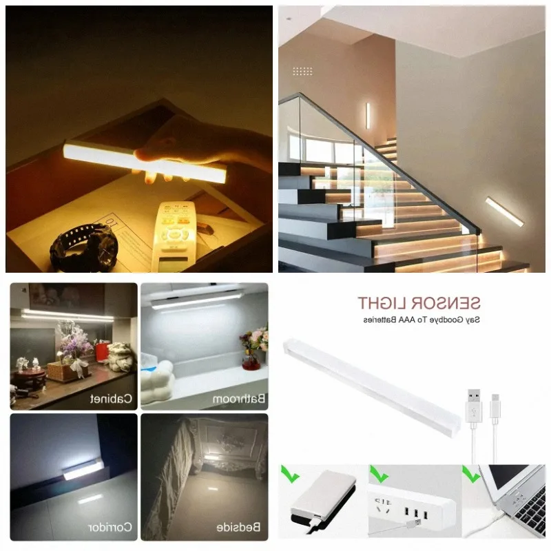 Tira de Luz LED Inalámbrica de 30CM con Sensor de Movimiento Infrarrojo Recargable Tipo C para Cocina, Dormitorio, Armario, Lámpara de Pared