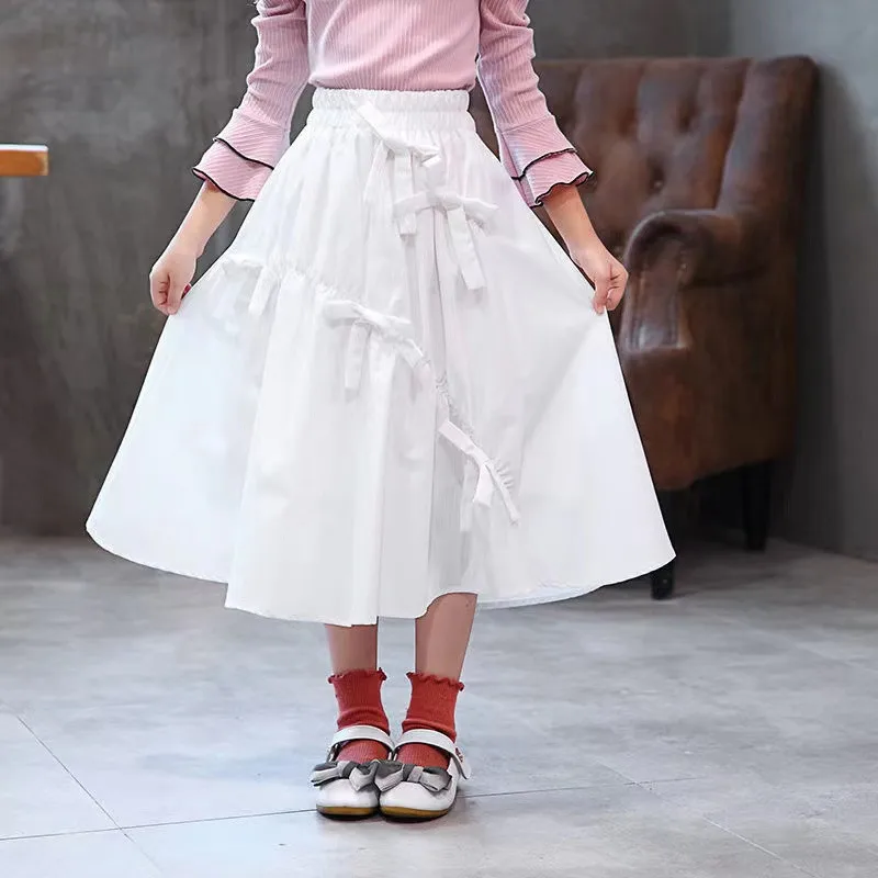 High Waist Bowknot Skirts Girls Sweet 2022 Spring/Summer Kids Long Skirt Comfortable For Children\'s Age 4 6 8 10 12 14 Year Wear