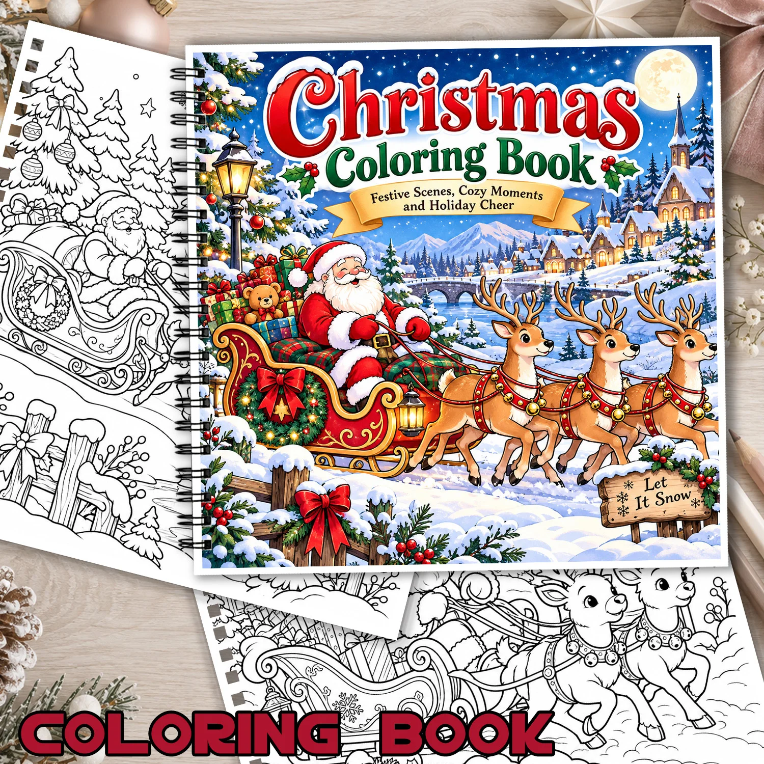 Christmas Coloring Book Spiral Bound Festive Scenes Cozy Moments Holiday Cheer 24Pages Showcasing Creativity & Relieving Stress