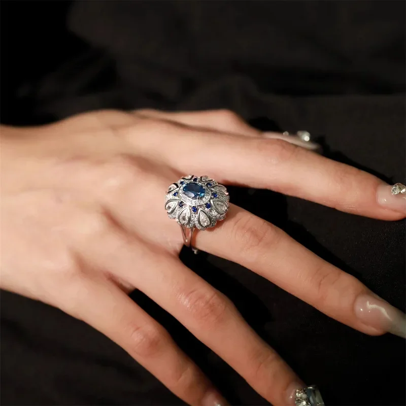 925 Sterling Silver Exquisite Flower Blue Zircon Rings for Women Girls Shiny Opening Jewelry Dropshippipng Wedding Birthday Gift