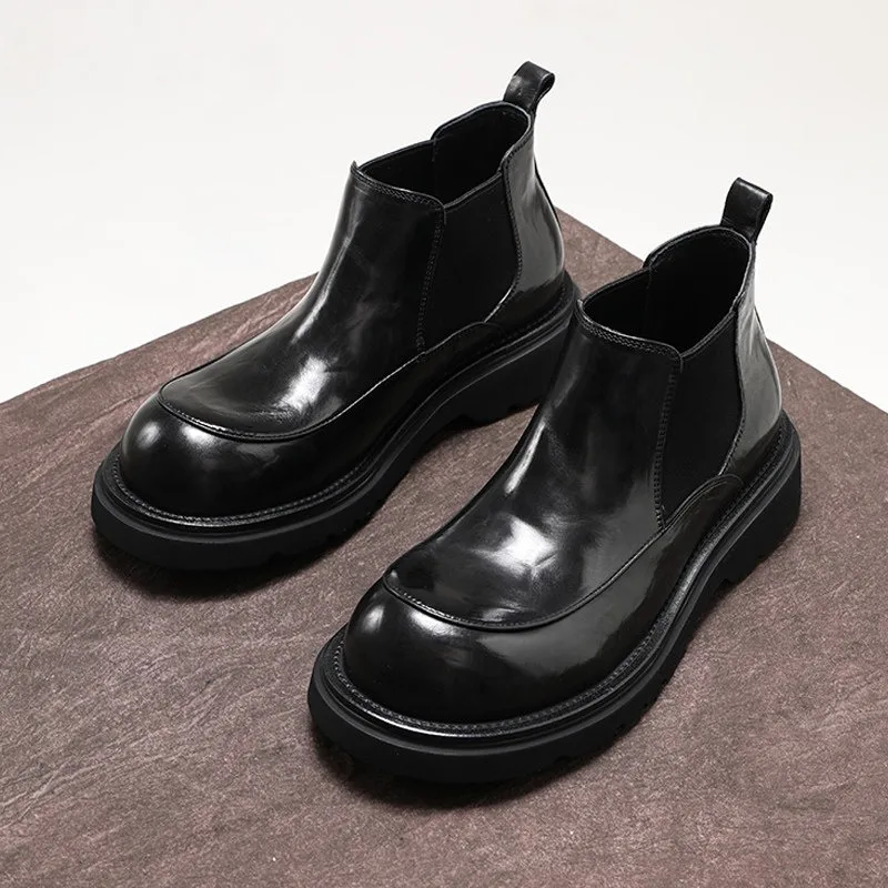

British Retro Genuine Leather Casual Thick Sole Chelsea Boots Men's Shoes Slip on Platform Motorcycle Outdoor High Top Male