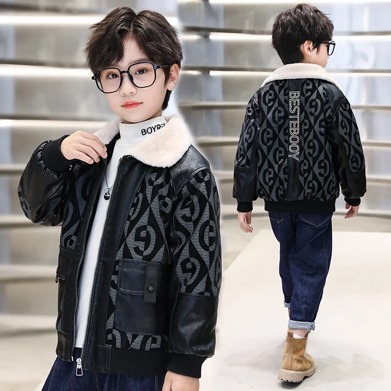 

Children's Handsome Autumn and Winter Warm Simple High-quality Thickened Leather Jacket;.4-15year