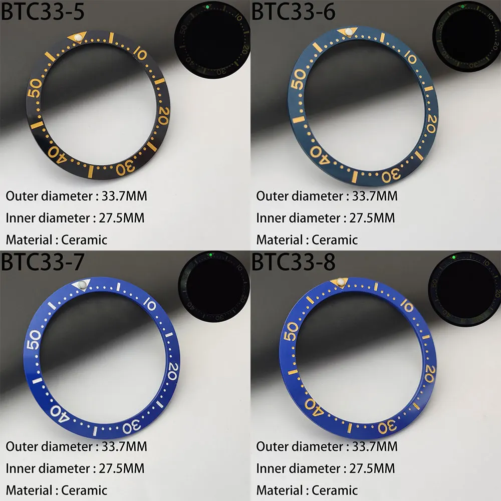 33,7 mm * 27,5 mm Uhrenlünette, grüne, leuchtende Keramikeinsätze für die Lünette, passend für SKX013, SKX015, Keramik-Uhrenlünette, Uhrenzubehörteile.